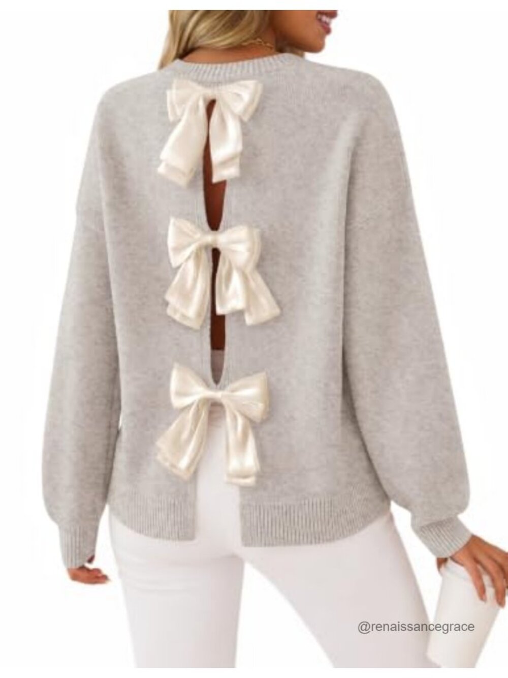 Oversized Bow Back Sweater Ribbed Long Sleeve Pullover Soft Knit Crew Neck